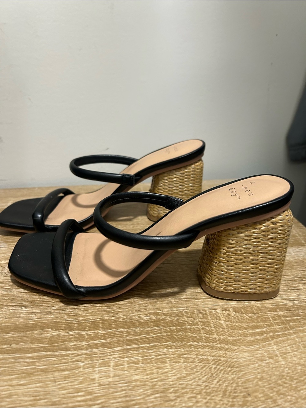 Women’s Black Strappy Block Heel Sandals with Woven Heel